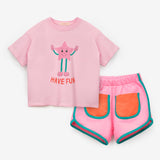 Pembe Mottolu Figürlü Çocuk Tişört Şort İkili Takım - Lole