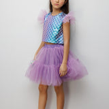 Lila Deniz Kızı Desenli Tül Detaylı Crop Etek Takım - Tammy