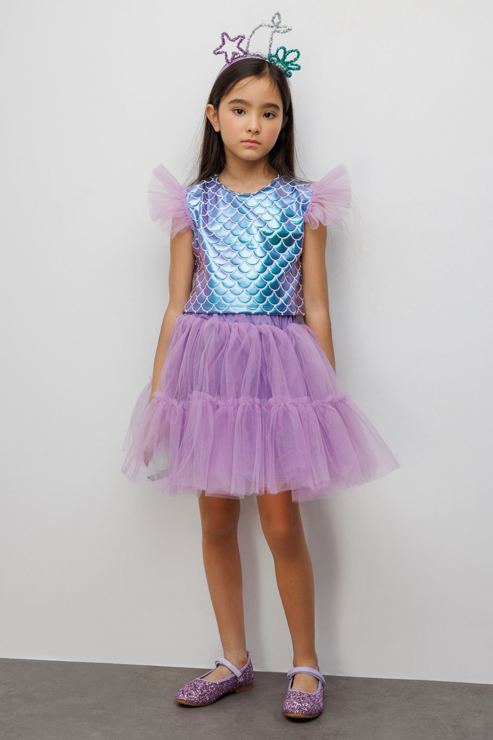 Lila Deniz Kızı Desenli Tül Detaylı Crop Etek Takım - Tammy