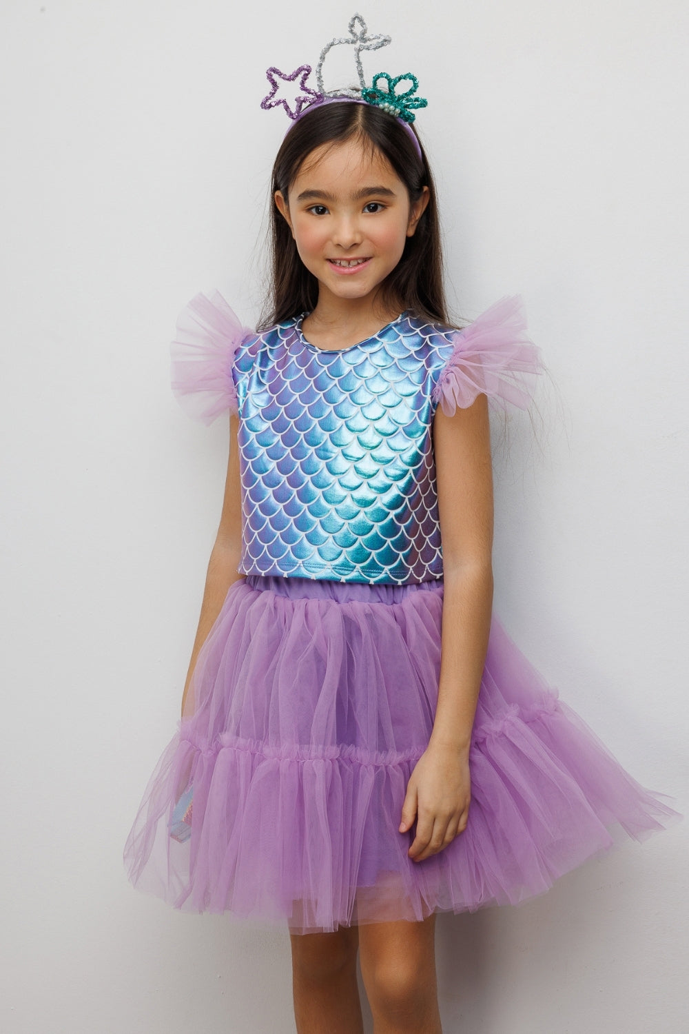 Lila Deniz Kızı Desenli Tül Detaylı Crop Etek Takım - Tammy