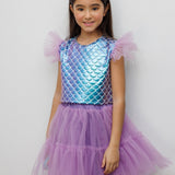 Lila Deniz Kızı Desenli Tül Detaylı Crop Etek Takım - Tammy