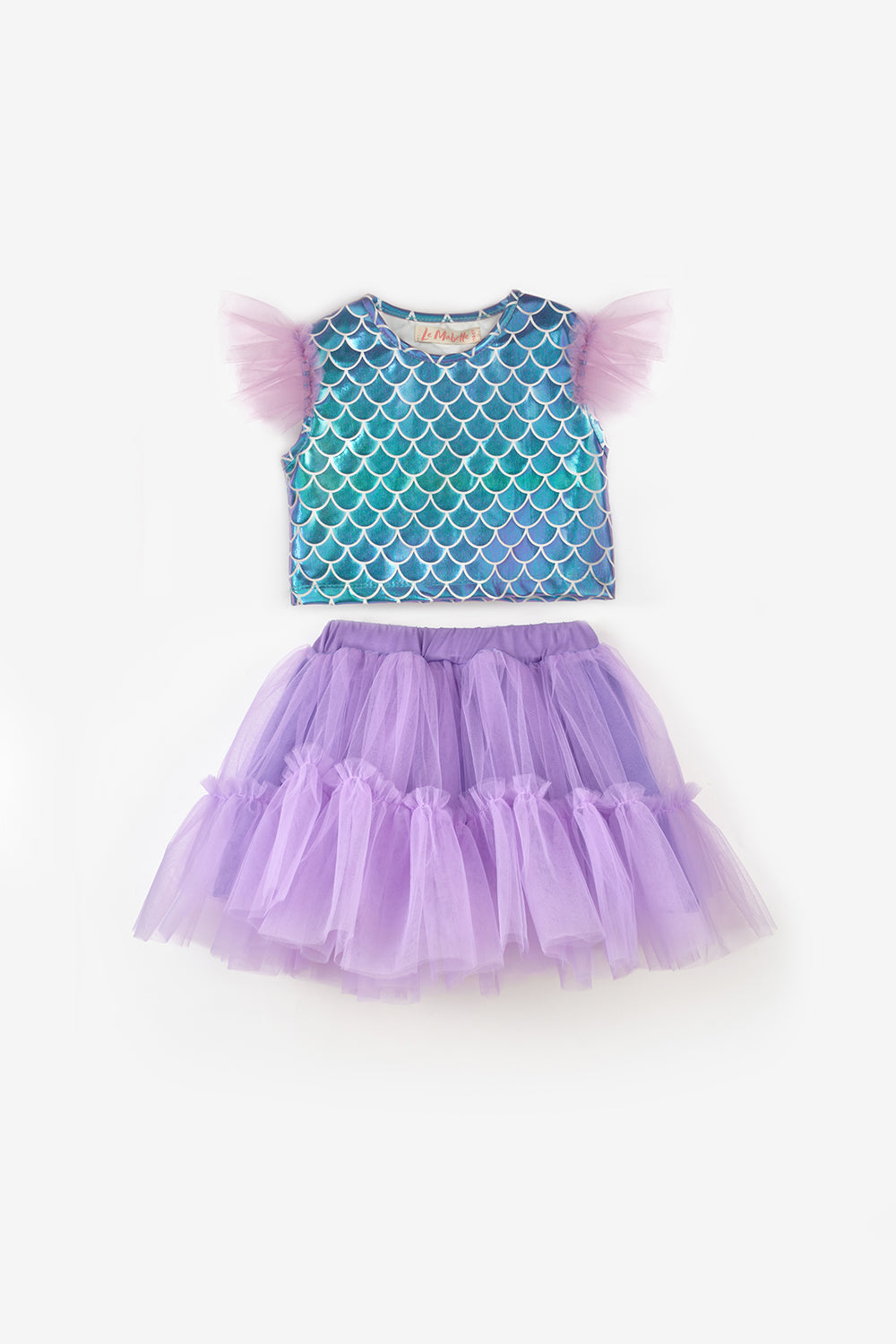 Lila Deniz Kızı Desenli Tül Detaylı Crop Etek Takım - Tammy