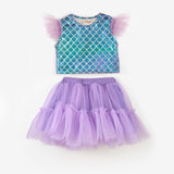 Lila Deniz Kızı Desenli Tül Detaylı Crop Etek Takım - Tammy