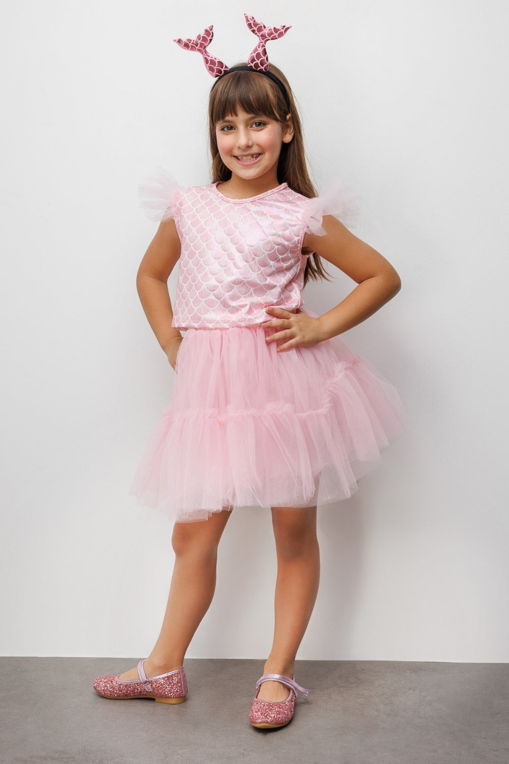 Pembe Deniz Kızı Desenli Tül Detaylı Crop Etek Takım - Tammy