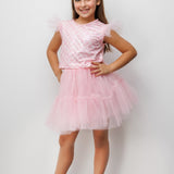 Pembe Deniz Kızı Desenli Tül Detaylı Crop Etek Takım - Tammy