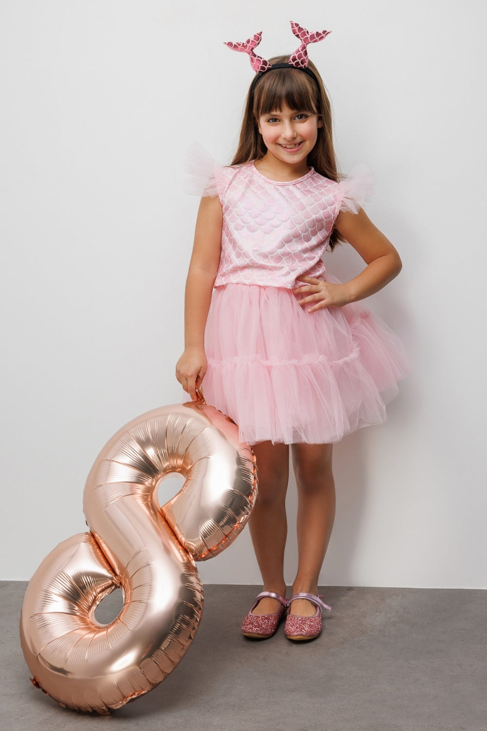 Pembe Deniz Kızı Desenli Tül Detaylı Crop Etek Takım - Tammy