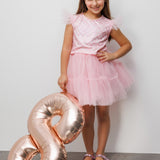 Pembe Deniz Kızı Desenli Tül Detaylı Crop Etek Takım - Tammy