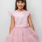 Pembe Deniz Kızı Desenli Tül Detaylı Crop Etek Takım - Tammy