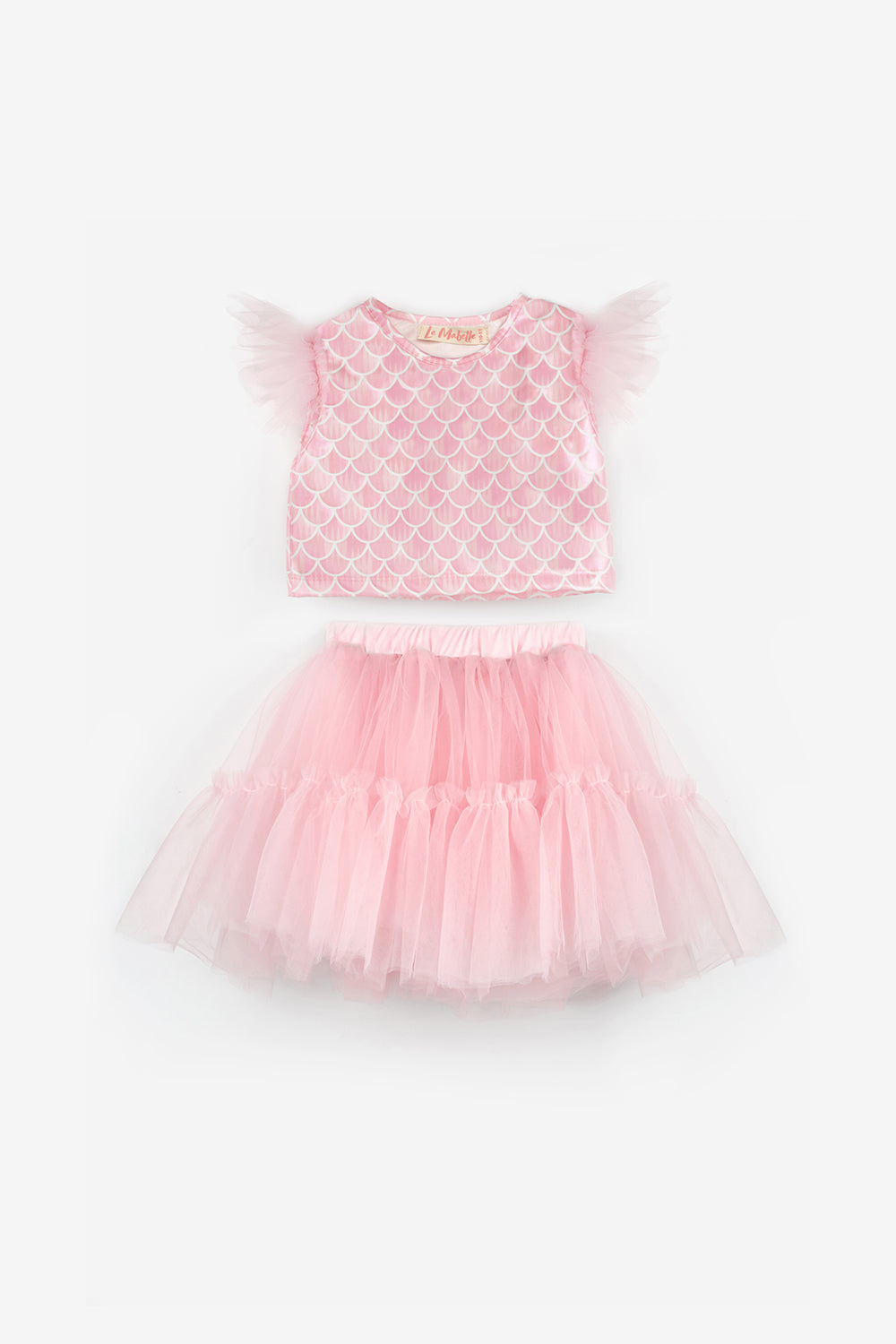 Pembe Deniz Kızı Desenli Tül Detaylı Crop Etek Takım - Tammy