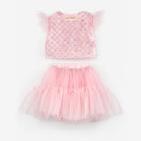 Pembe Deniz Kızı Desenli Tül Detaylı Crop Etek Takım - Tammy