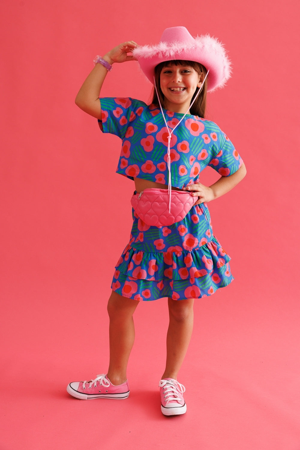 Mavi Çiçek Desenli Kız Çocuk Etek Crop Takım - Lavinia