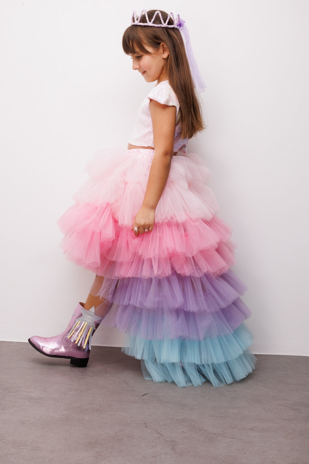 Çok Renkli Pul Payetli Kız Çocuk Etek Crop Takım