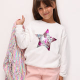 Ekru  Pullu Yıldız Nakışlı Kız Çocuk Sweatshirt - Dina