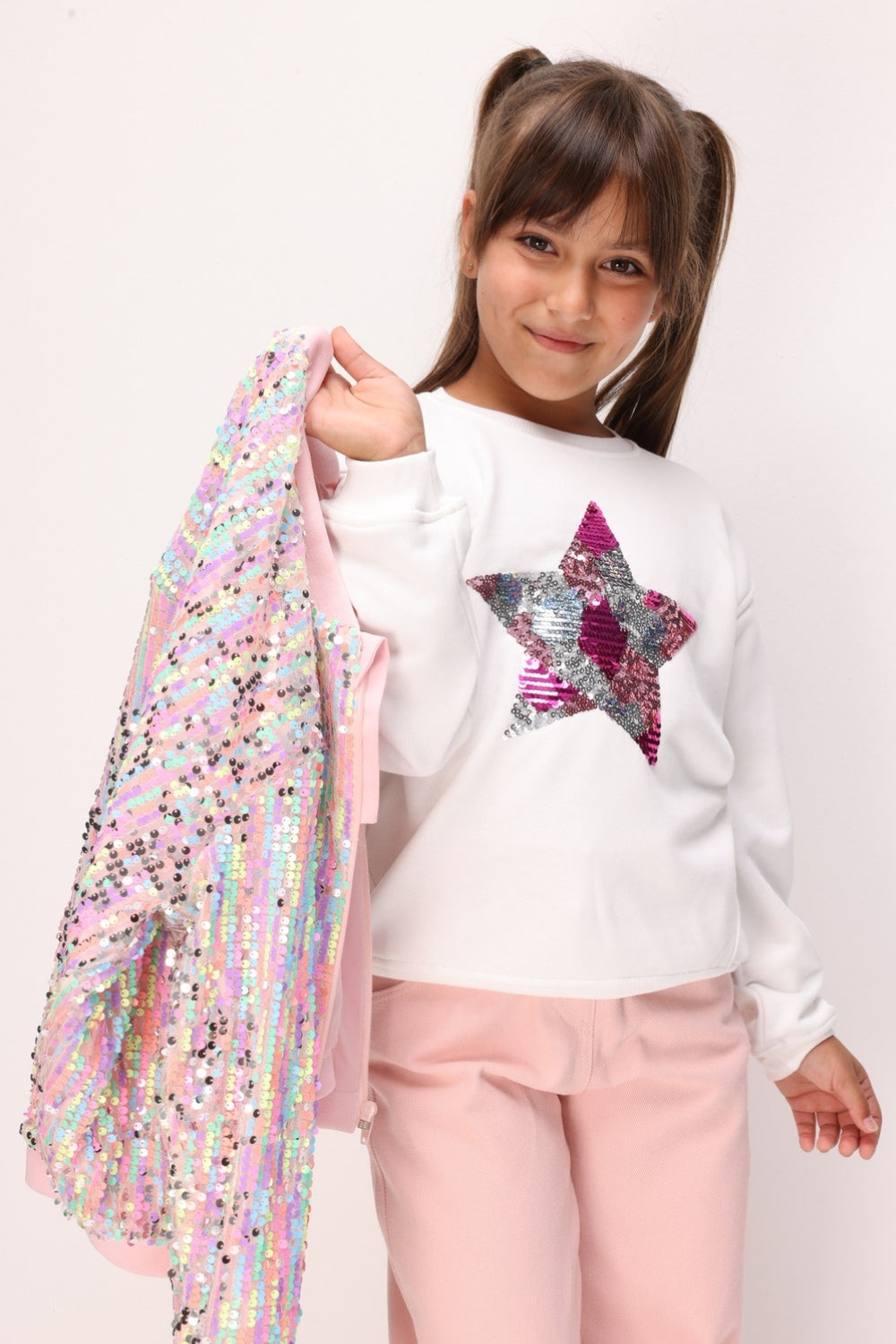 Ekru  Pullu Yıldız Nakışlı Kız Çocuk Sweatshirt - Dina