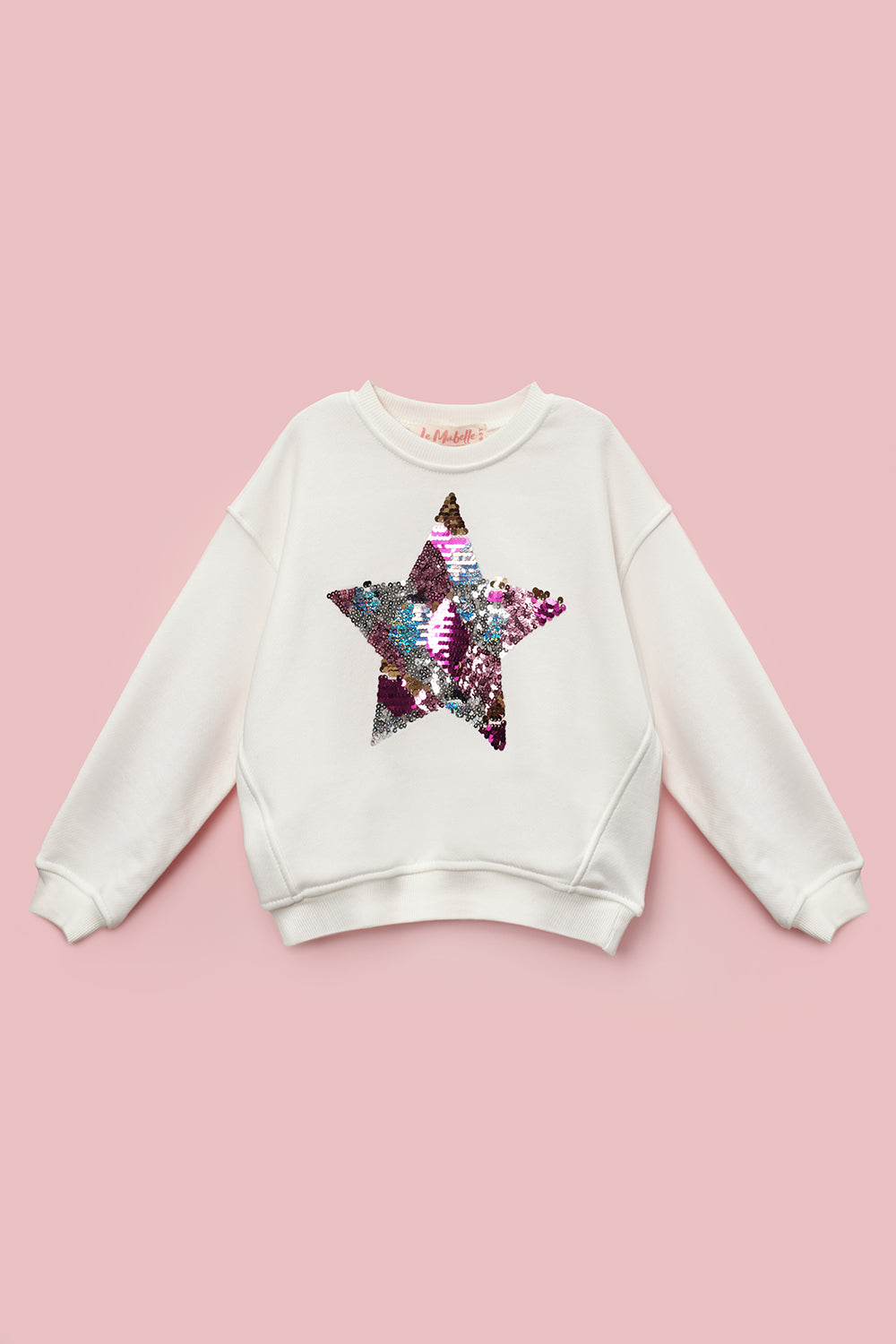 Ekru  Pullu Yıldız Nakışlı Uzun Kollu Kız Çocuk Sweatshirt - Dina