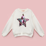 Ekru  Pullu Yıldız Nakışlı Uzun Kollu Kız Çocuk Sweatshirt - Dina