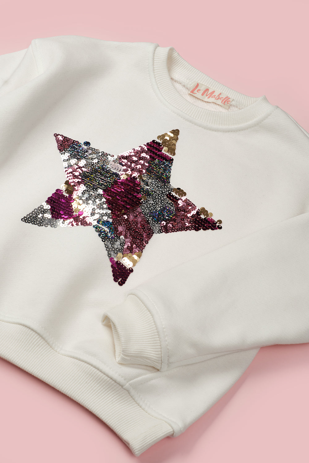Ekru  Pullu Yıldız Nakışlı Uzun Kollu Kız Çocuk Sweatshirt - Dina