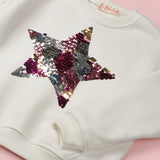 Ekru  Pullu Yıldız Nakışlı Uzun Kollu Kız Çocuk Sweatshirt - Dina