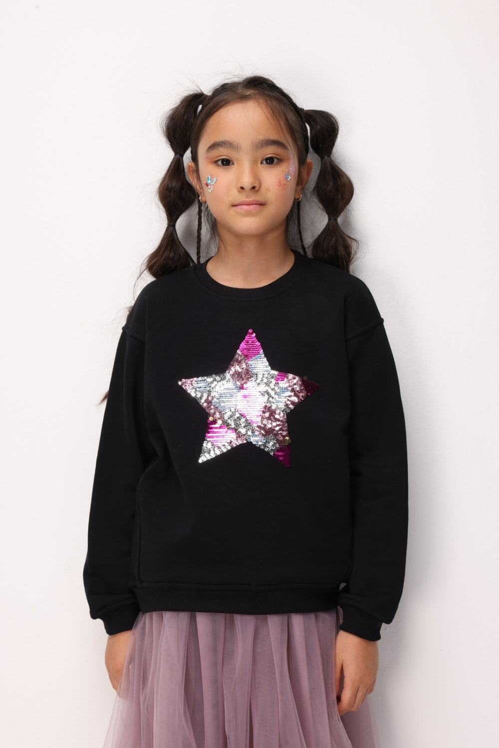 Siyah  Pullu Yıldız Nakışlı Kız Çocuk Sweatshirt - Dina