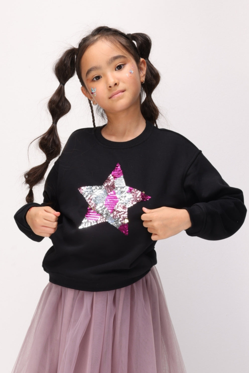Siyah  Pullu Yıldız Nakışlı Kız Çocuk Sweatshirt - Dina