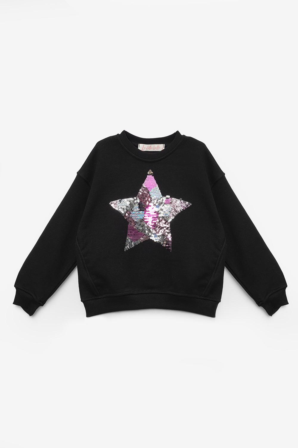Siyah  Pullu Yıldız Nakışlı Uzun Kollu Kız Çocuk Sweatshirt - Dina
