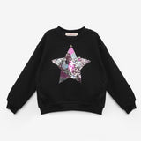 Siyah  Pullu Yıldız Nakışlı Uzun Kollu Kız Çocuk Sweatshirt - Dina