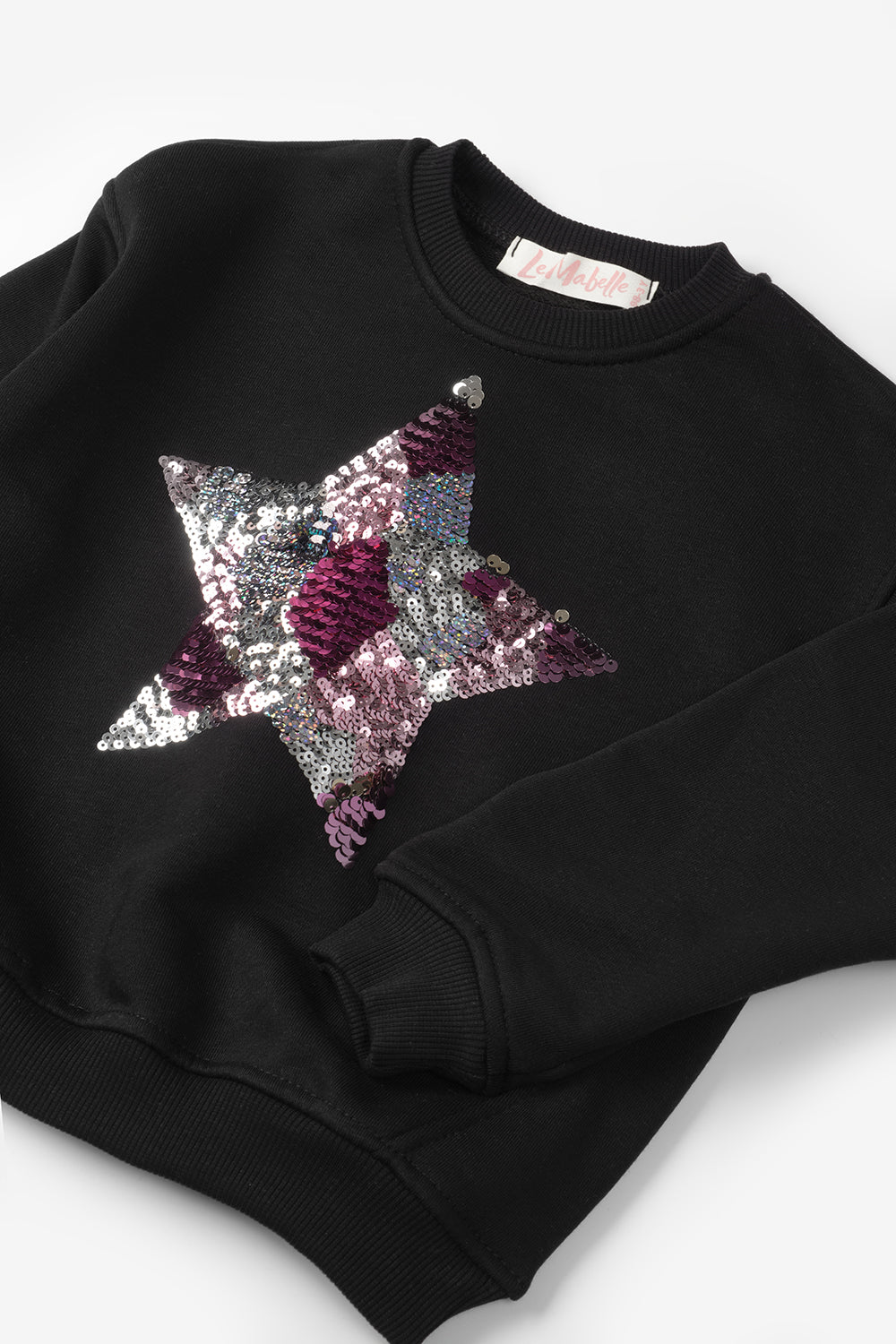 Siyah  Pullu Yıldız Nakışlı Uzun Kollu Kız Çocuk Sweatshirt - Dina