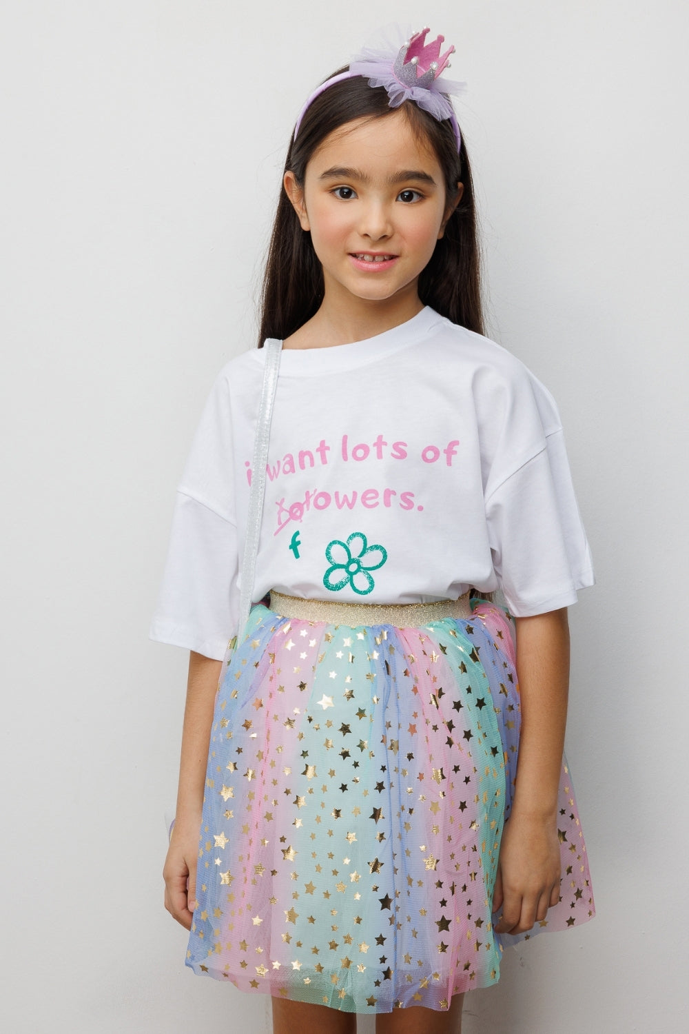 Beyaz  Çiçek Baskılı Kız Çocuk Tişört