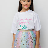 Beyaz  Çiçek Baskılı Kız Çocuk Tişört