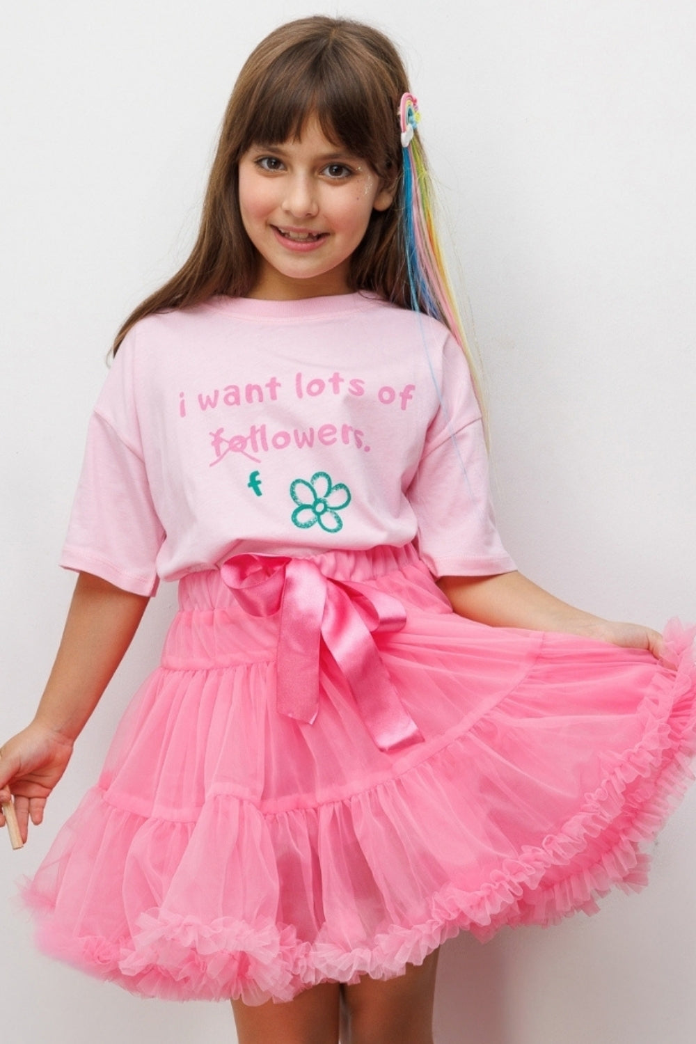 Pembe  Çiçek Baskılı Kız Çocuk Tişört