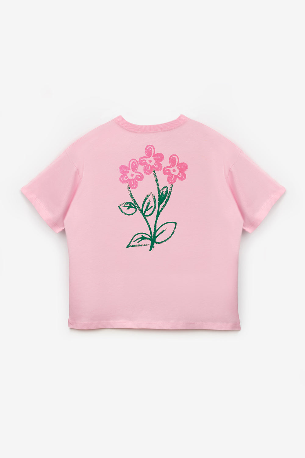 Pembe  Çiçek Baskılı Kız Çocuk Tişört