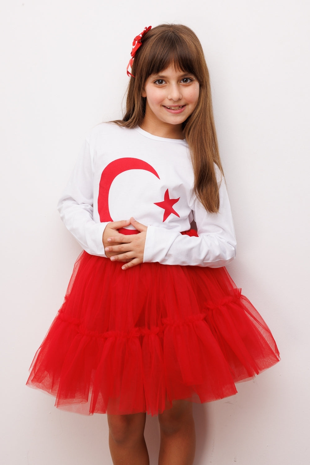 Beyaz Ay Yıldız Baskılı Uzun Kollu Çocuk Tişört