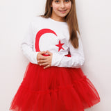 Beyaz Ay Yıldız Baskılı Uzun Kollu Çocuk Tişört