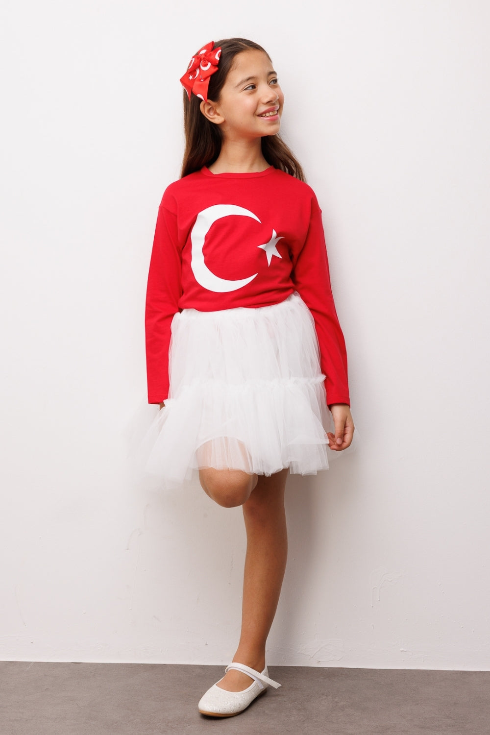 Kırmızı Ay Yıldız Baskılı Uzun Kollu Çocuk Tişört