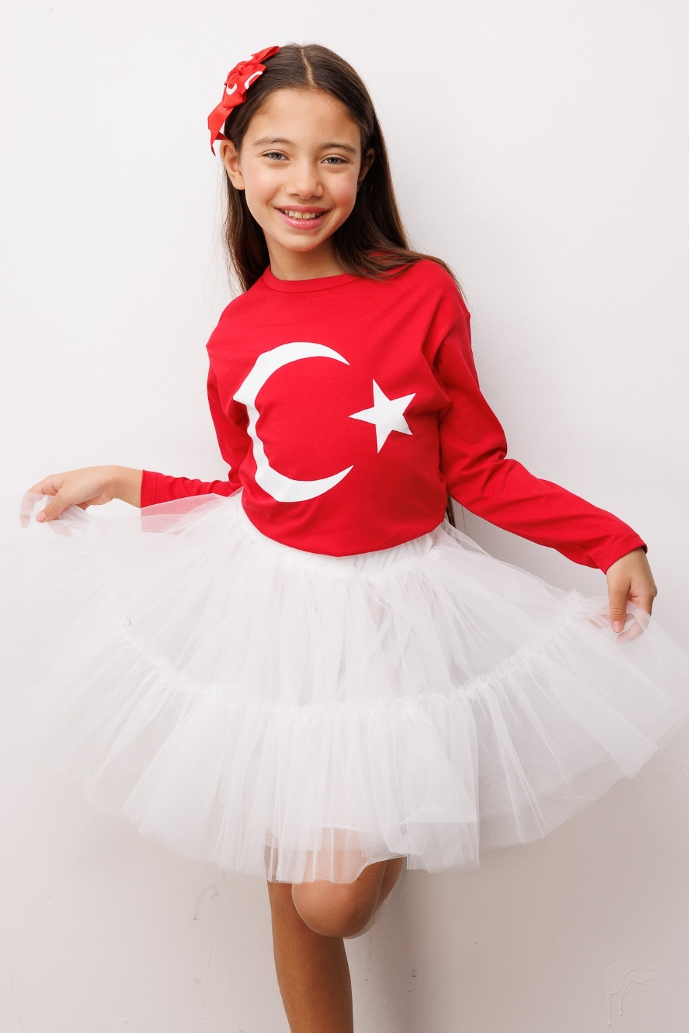 Kırmızı Ay Yıldız Baskılı Uzun Kollu Çocuk Tişört