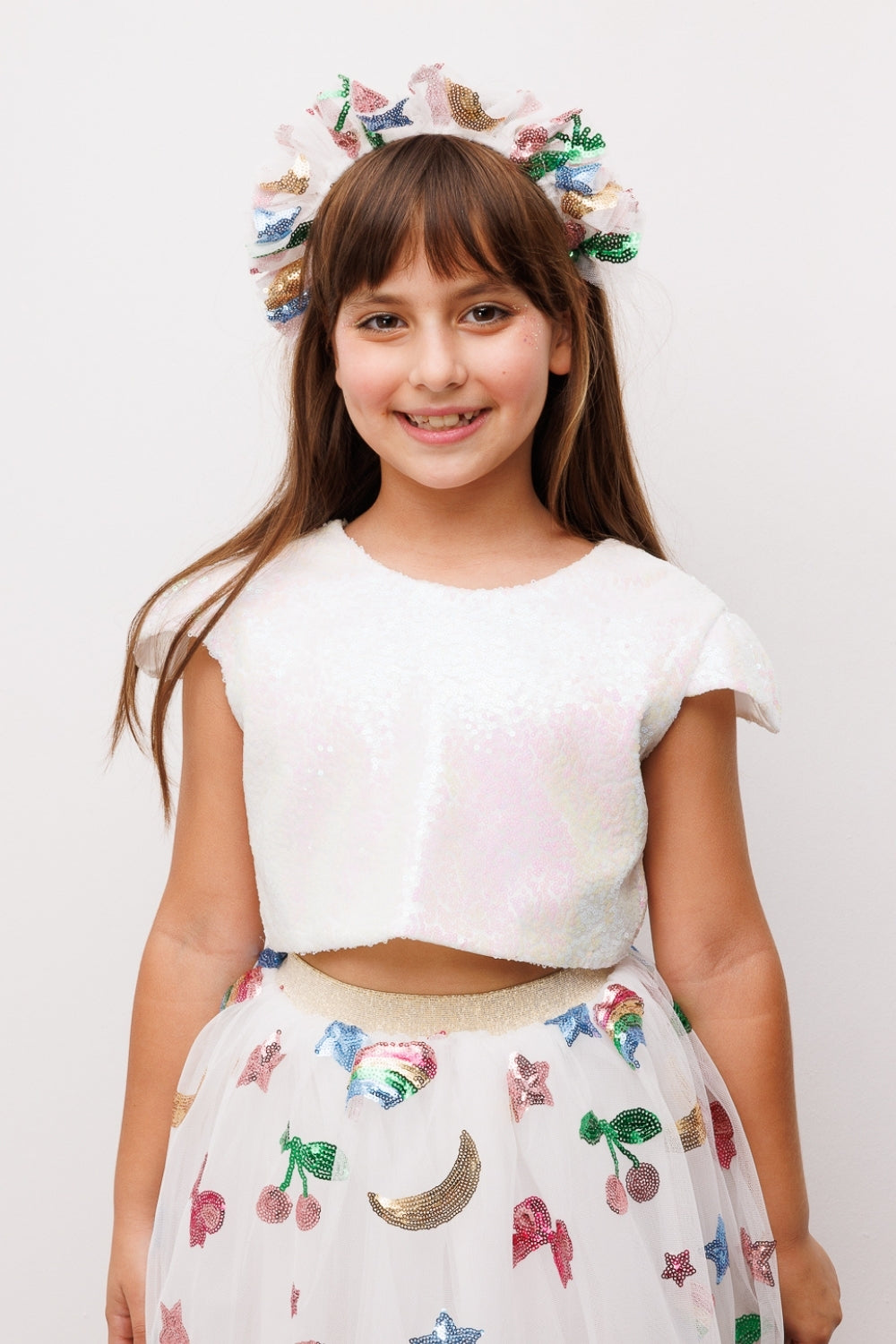 Beyaz Pullu Kız Çocuk Crop Bluz