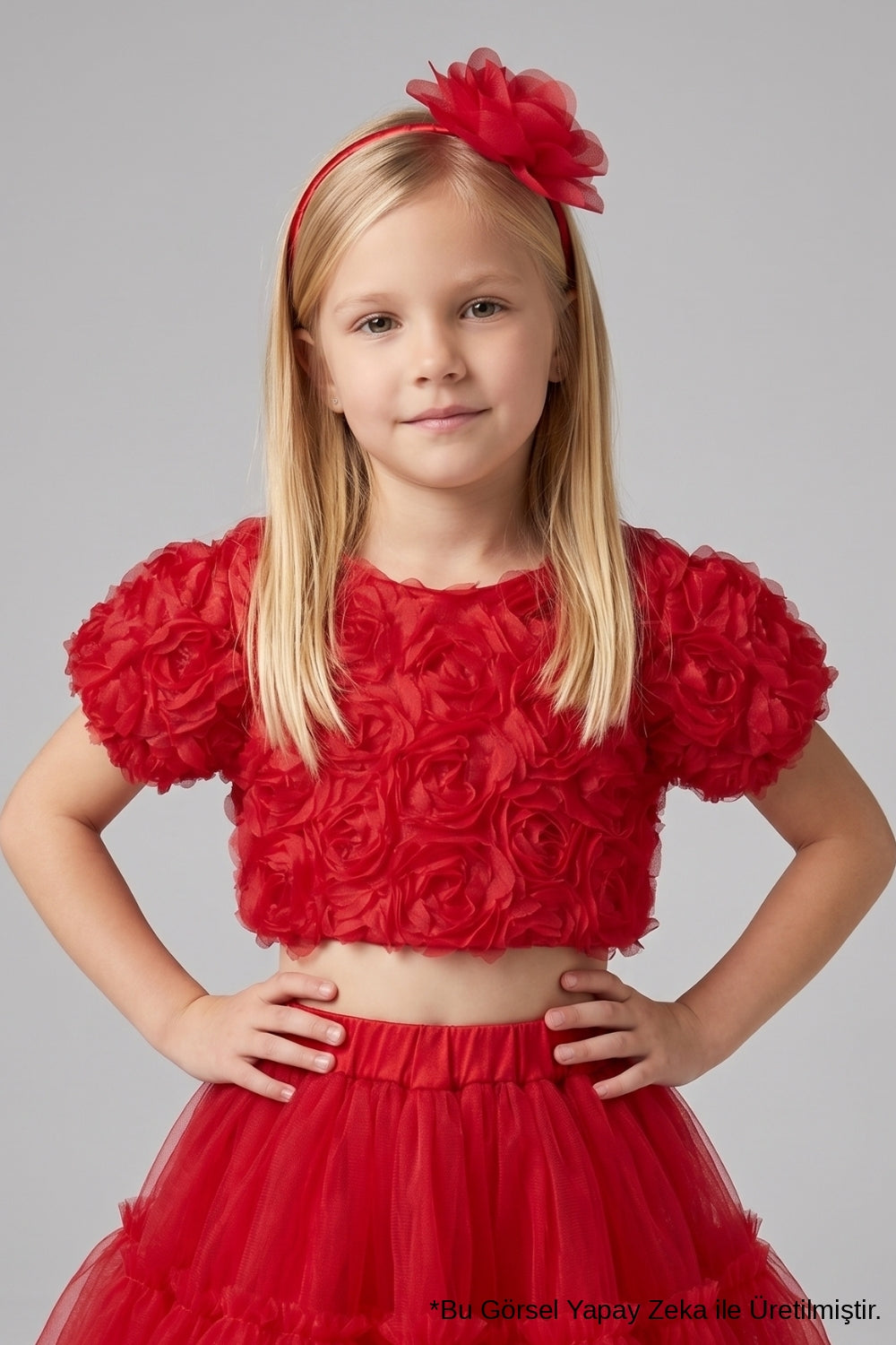 Kırmızı  Kısa Kollu Gül Aplike Detaylı Kız Çocuk Crop Bluz - Millie