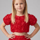 Kırmızı  Kısa Kollu Gül Aplike Detaylı Kız Çocuk Crop Bluz - Millie