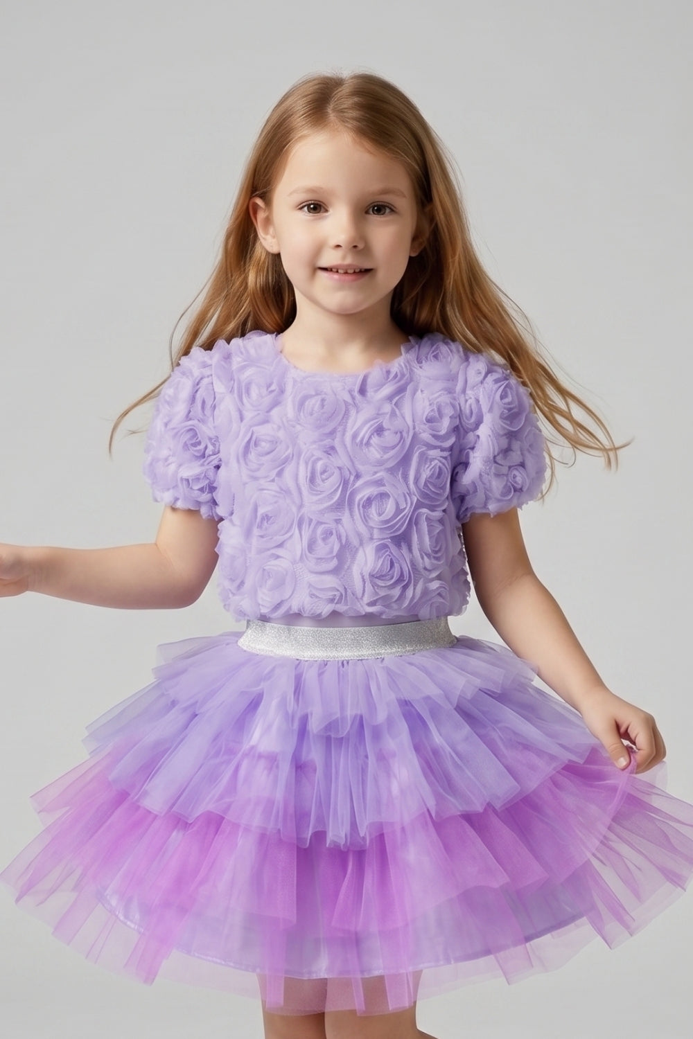 Lila Kısa Kollu Gül Aplike Detaylı Kız Çocuk Crop Bluz - Millie