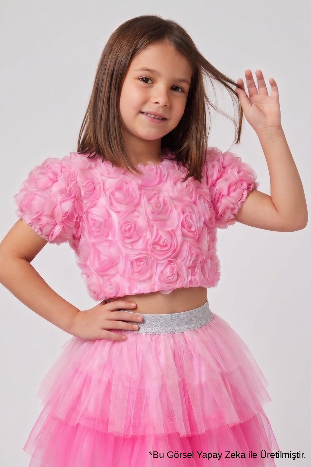 Pembe  Kısa Kollu Gül Aplike Detaylı Kız Çocuk Crop Bluz - Millie