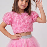 Pembe  Kısa Kollu Gül Aplike Detaylı Kız Çocuk Crop Bluz - Millie