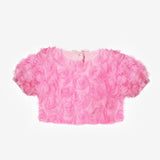 Pembe Kısa Kollu Gül Aplike Detaylı Kız Çocuk Crop Bluz - Millie