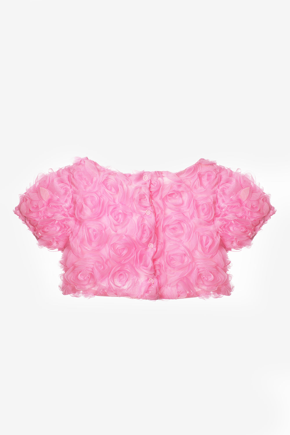 Pembe Kısa Kollu Gül Aplike Detaylı Kız Çocuk Crop Bluz - Millie