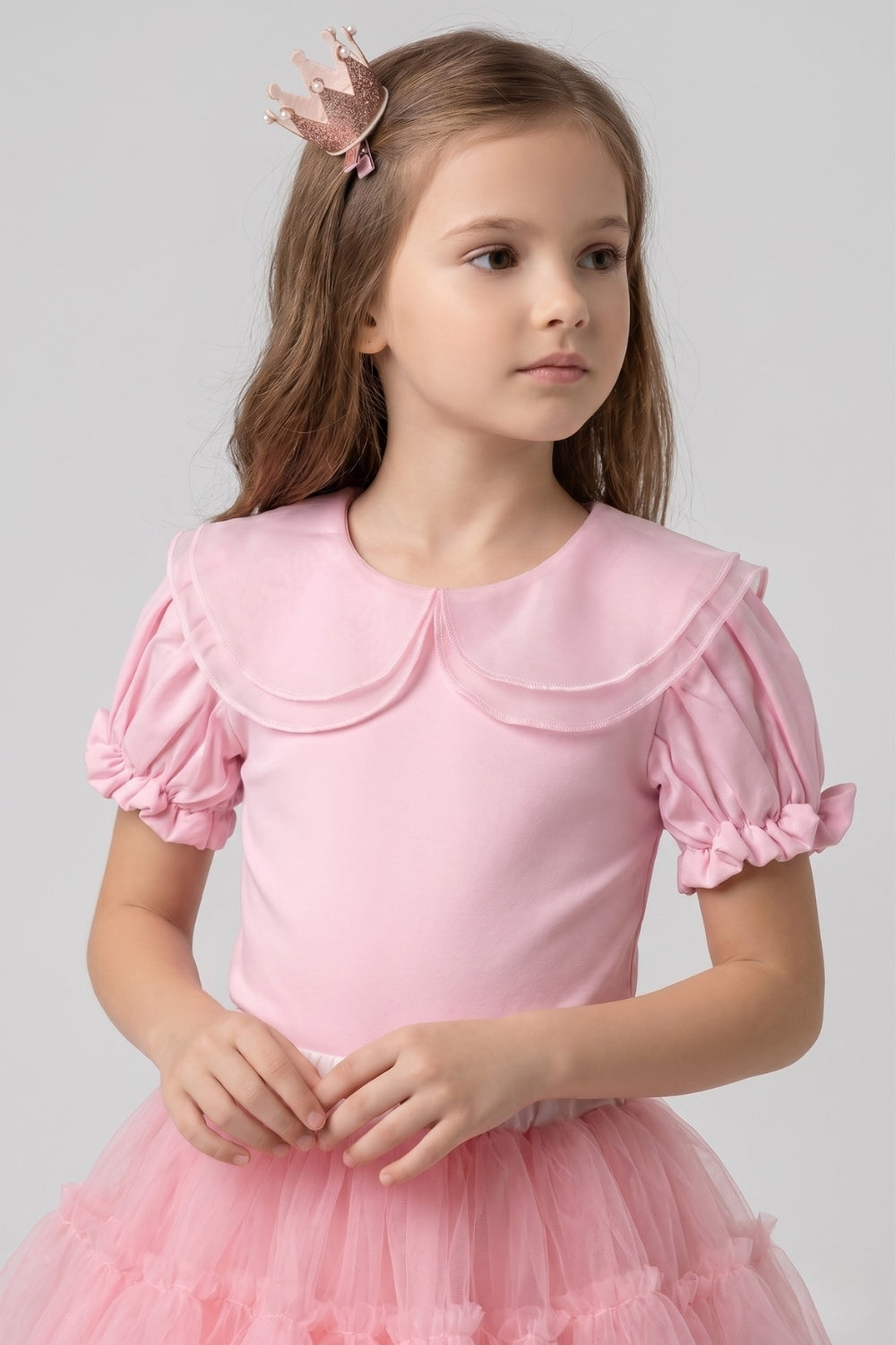 Pembe Kısa Kollu Organze Yakalı Kız Çocuk Tişört