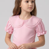 Pembe Kısa Kollu Organze Yakalı Kız Çocuk Tişört