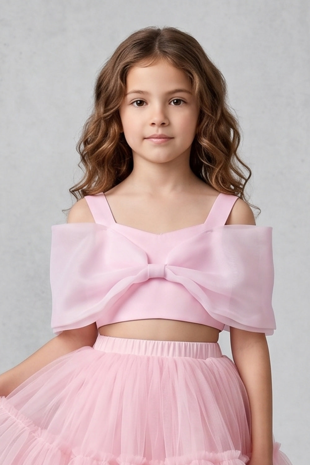 Pembe Büyük Fiyonklu Kız Çocuk Crop Bluz - Edith