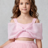 Pembe Büyük Fiyonklu Kız Çocuk Crop Bluz - Edith