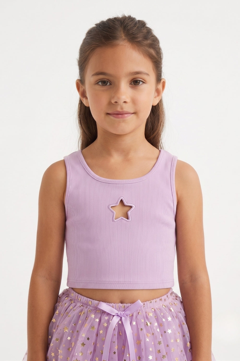 Lila  Yıldız Nakışlı Fitilli Askılı Kız Çocuk Crop Bluz - Cindy