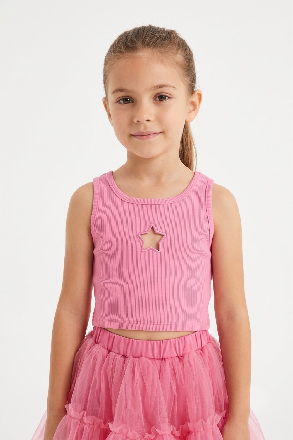 Pembe  Yıldız Nakışlı Fitilli Askılı Kız Çocuk Crop Bluz - Cindy