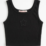 Siyah  Yıldız Nakışlı Fitilli Askılı Kız Çocuk Crop Bluz - Cindy